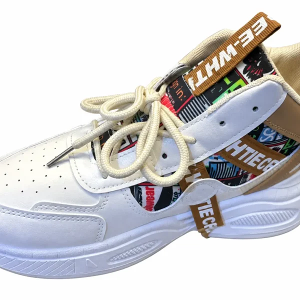 EE-White Graffiti Wave - Women's White & Tan Chunky Platform Sneakers